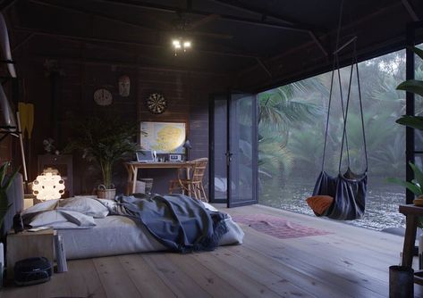 A cozy room next to a jungle river. - 9GAG Stargazing Bedroom, Forest House Decor, Vietnam House, Minimal Interior Design, Bedroom Decor Cozy, Red Square, Minimalism Interior, Dream Rooms, Design Living