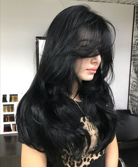 Long Black Layered Hair With Bangs, Jet Black Hair With Layers, Black Long Layers, Aesthetic Layered Hair, Brunette Hair Trends, Black Hair Layers, Layer Hair, Two Tone Hair, Black Wavy Hair