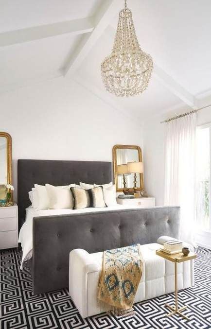 40 Grey and White Bedroom Ideas | Decoholic Beaded Mirrors, Gray Tufted Bed, White Gold Bedroom, Grey And Gold Bedroom, Gold Bedroom Decor, Drop Chandelier, Glam Bedroom, Tufted Bed, Gold Bedroom