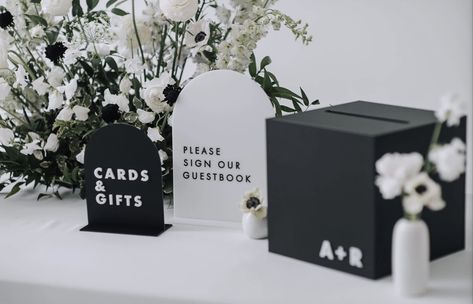 Modern Welcome Table Wedding, Modern Card Box Wedding, Guest Book And Gift Table Wedding, Black Table Signs Wedding, Black And White Wedding Signs, Wedding Gift Area, Card And Gift Table Wedding, Cards And Gifts Table Wedding, Modern Black And White Wedding Decor