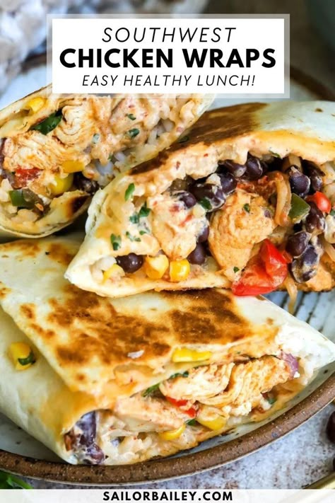 Chipotle style southwest chicken wraps are protein packed, flavorful and loaded with veggies. Ready in about 30 minutes and perfect healthy lunch idea or dinner recipe. South West Chicken Wraps, Southwest Wraps Recipes, Southwest Dinner Recipes, Healthy Dinner Recipes For Beginners, Southwest Chicken Burritos, Rotisserie Chicken Recipes Lunch, Pulled Chicken Dinner Ideas, College Student Dinner Ideas, Grilled Chicken Wraps Healthy