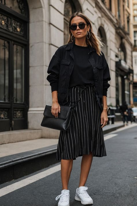 From cool to cozy, these 12 black outfits with sneakers are made for any weather. Perfect for a chic, adaptable style all year round. #WeatherReady #AdaptableStyle #ChicBlackOutfit Black Outfits With Sneakers, Outfit Ideas With Sneakers, Chunky Sneakers Outfit, Black Outfits For Women, Outfits With Sneakers, Black Outfit Ideas, Chic Black Outfits, Black Outfits, Outfits For Women