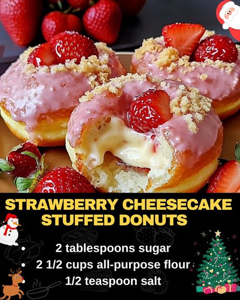 Strawberry Cheesecake Stuffed Donuts Stuffed Donuts Recipe, Strawberry Donuts Recipe, Beef Tips And Noodles, Donut Flavors, Mexican Casserole Recipe, Baking Secrets, Sweet Glaze, Fried Donuts, Strawberry Pie Filling