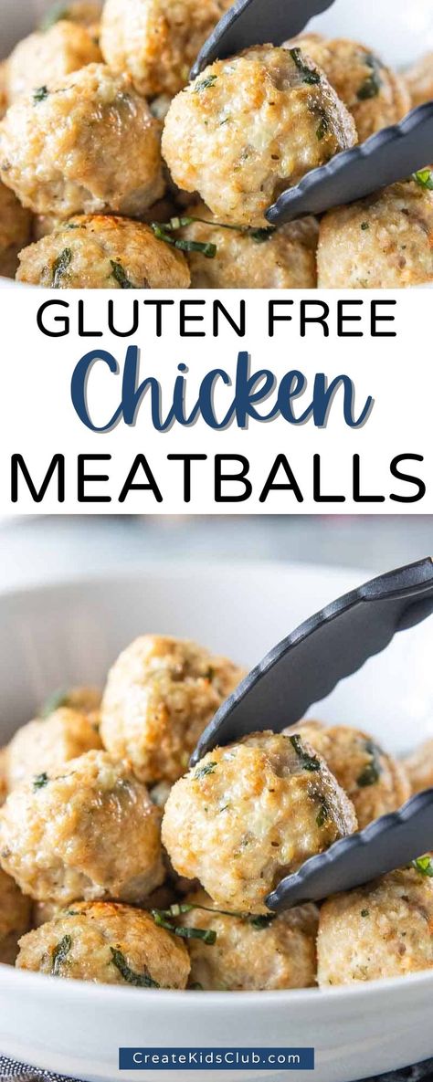 Gluten free chicken meatballs are made with gluten-free breadcrumbs and get lots of flavor from minced onions, garlic, and fresh basil. Pair with marinara and gluten-free pasta, toss in bbq sauce or serve on toothpicks as an appetizer. Our baked chicken meatballs make a delicious dinner entree or tasty event hors d’oeuvre. Also, a great recipe for prepping ahead, they can easily be frozen then reheated as desired. Super versatile, chicken meatballs will quickly become a staple in your home. Easy Ground Chicken Meatballs, Gluten Free Chicken Meatballs, Gluten Free Meatballs Recipe, Ground Chicken Meatballs, Gf Meals, Gluten Free Bbq, Baked Chicken Meatballs, Gluten Free Meatballs, Chicken Meatball Recipes