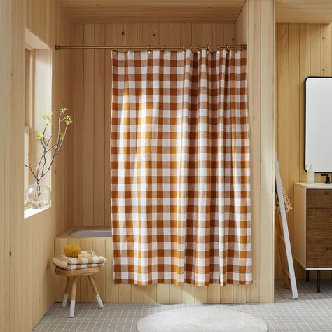 Gingham Shower Curtain, Best Shower Curtains, White Subway Tile Bathroom, Gingham Curtains, Heather Taylor, Striped Bath Towels, Bed Foundation, Cool Shower Curtains, Striped Shower Curtains