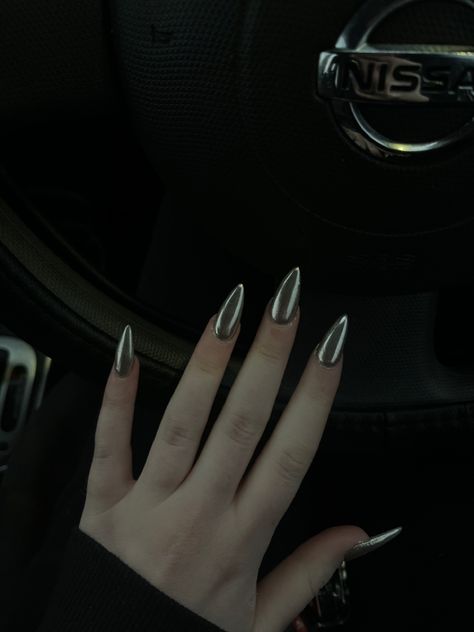 chrome, chrome aesthetic, nails, nail inspo, stiletto nails, pointy nails, sharp nails, long nails, silver nails, chrome fashion Sharp Silver Nails, Nail Inspo Stiletto, Silver Stiletto Nails, Silver Nails Chrome, Chrome Fashion, Chrome Aesthetic, Nails Pointy, Nails Sharp, Nails Chrome