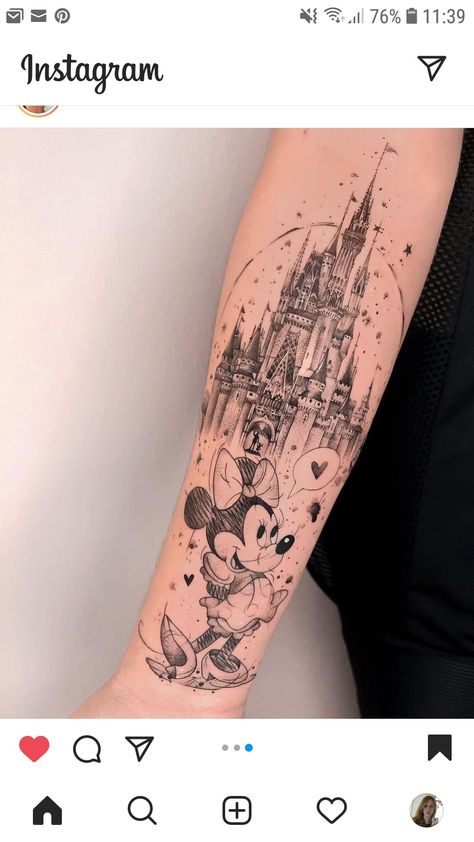 Walt Disney World Castle Tattoo, Disney Sketch Tattoo Sleeve, Large Disney Tattoos, Disney Sleeve Tattoo Black And White, Disney Arm Tattoos For Women, Disney Tattoo Cover Up Ideas, Disney Arm Sleeve Tattoos For Women, Disney World Castle Tattoo, Disney Black And White Tattoo