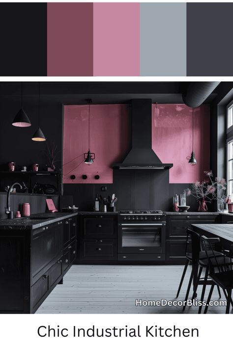 Industrial Kitchen Design: Black Cabinetry & Pink Accents Home Interior Design Pink, Pink And Black Kitchen Ideas, Black And Pink House, Industrial Black Kitchen, Black And Pink Kitchen, Pink And Black Kitchen, Pink Kitchen Inspiration, White And Brass Kitchen, Pink And Grey Kitchen