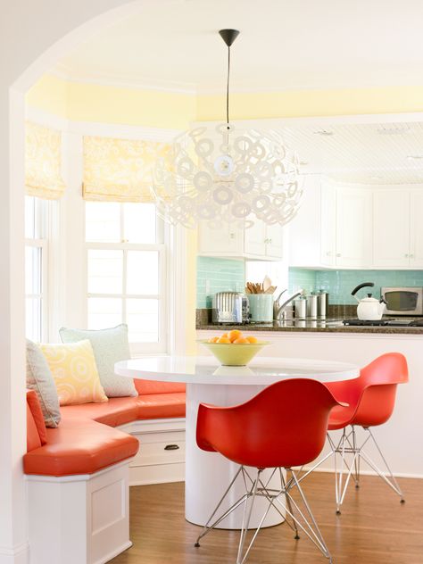 Aqua Backsplash, Bay Window Benches, Banquette Ideas, Orange Chairs, Sunny Meadow, Red Chairs, Window Benches, Beige Wall, Mid Century Modern Kitchen