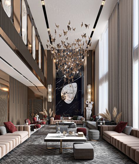 LUXURY DOUBLE HEIGHT on Behance Double Height Living Room, Luxury Apartments Interior, High Ceiling Living Room, Double Height, Luxury Living Room Design, Lobby Interior, Lobby Design, Design Room, Design Apartment