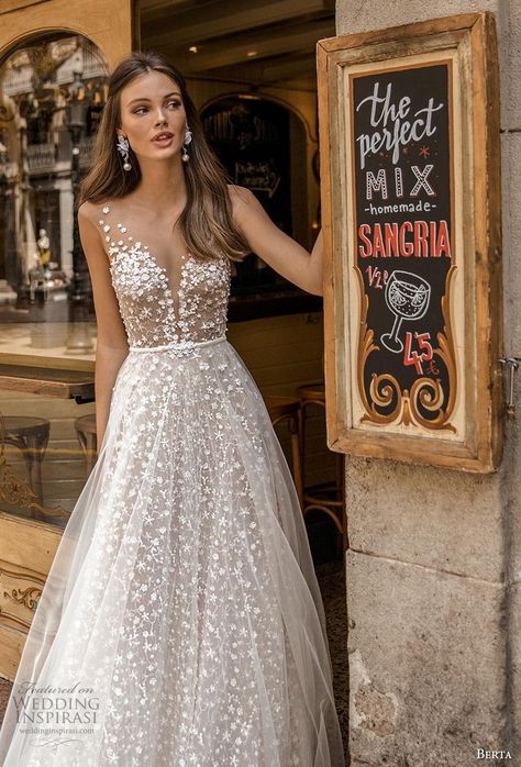 Muse By Berta, Berta Wedding Dress, Barcelona Wedding, Bridal Cap, Pretty Little Dress, Vintage Lace Weddings, Sheer Wedding Dress, Braut Make-up, Wedding Dress Trends