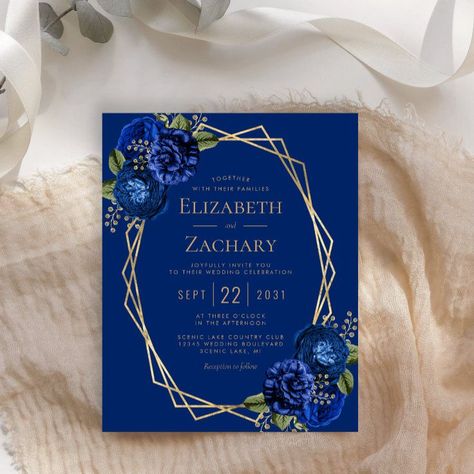 Budget Royal Blue Floral Geometric Wedding Invite Royal Purple Wedding, Emerald Green Wedding Theme, Royal Blue Wedding Invitations, Blue Gold Wedding, Geometric Wedding Invitation, Blue Watercolor Floral, Green Themed Wedding, Budget Wedding Invitations, Royal Blue Wedding