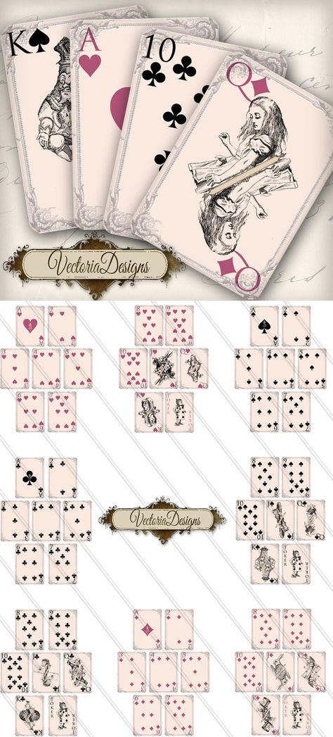 Printable Alice in Wonderland Playing Cards by VectoriaDesigns. Alice in Wonderland playing cards: a full deck with 4 jokers. Printed out on card stock these make excellent gifts!   New! A sheet for the card backs. Lines up perfectly to match the front. Alice In Wonderland Free Printables, Playing Cards Template, Alice In Wonderland Printables, Alice In Wonderland Play, Halloween Alice In Wonderland, Empty Notebook, Alice In Wonderland Poster, Beatrice Potter, Onederland Party