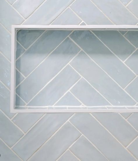 Herringbone Shower Niche, White Herringbone Shower Tile, Blue Herringbone Tile Bathroom, Bathroom Tile Herringbone, Herringbone Shower Wall, Shower Niche Tile Ideas, Herringbone Shower Tile, Herringbone Tiles Kitchen, Shower Niche Ideas