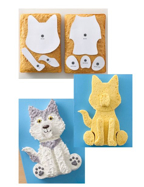 Wolf Cake: Yellow cake mix, bake, cut out the shape, and presto! Could be easily frosted to match your favorite fido. (Adaptation of  Betty Crocker "Husky Cake") Husky Cake, Wolf Cake, 21st Birthday Cake Toppers, Cake Yellow, Dog Cakes, Animal Cakes, Cake Shapes, 21st Birthday Cake, Puppy Birthday