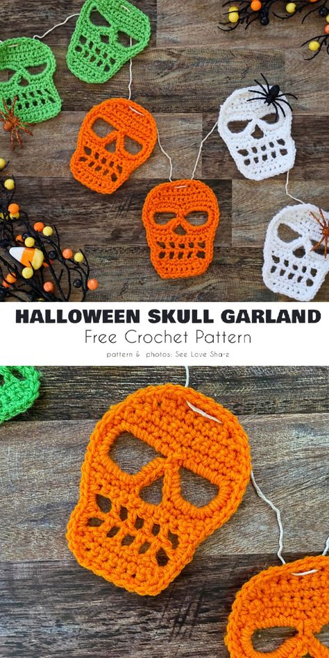 Halloween Skull Garland Crochet Halloween Mug Rug, Halloween Skull Garland, Ghost Applique Crochet Pattern, Crochet Skull Garland, Crochet Pumpkin Motif, Crochet Halloween Ornaments Free Pattern, Crocheted Skulls Free Patterns, Easy Crochet Leaves Free Pattern, Halloween Crochet Bunting