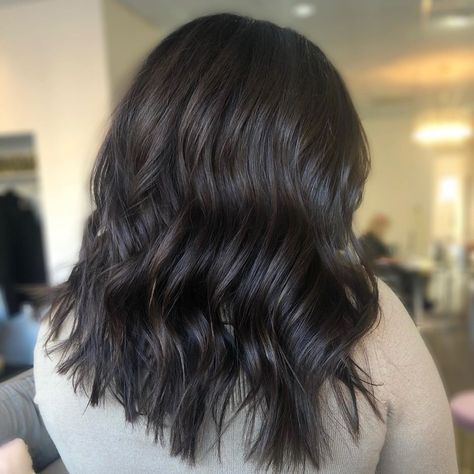 Lived In Dark Brown Hair, Medium Length Dark Brown Hair Balayage, Shoulder Length Hair Dark Brown, Dark Brunette Balayage Hair Short, Black Shoulder Length Hair, Shoulder Length Dark Brown Hair, Dimensional Brunette Dark, Dark Brown Short Hair, Burnette Hair