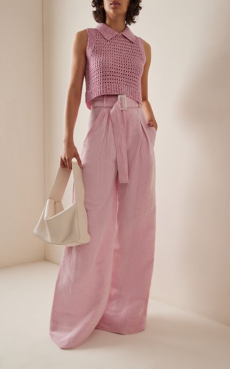 MATTHEW BRUCH Cropped Open-Knit Wool-Blend Top with Linen-Blend Wide-Leg Pants… Cropped Trousers Outfit, Pink Trousers Outfit, Pants Outfit Dressy, Matthew Bruch, Wide Linen Pants, Bday Fits, Pink Linen Pants, Slacks Outfit, Wide Leg Outfit