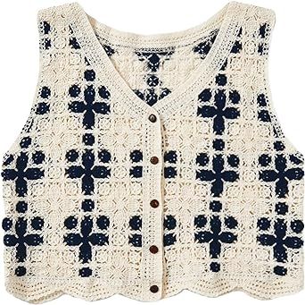 Checker Crochet, Floral Sweater Vest, Crochet Sweater Vest, Casual Knitwear, Sleeveless Jumper, Sweater Vests, Knit Sweater Vest, Pullover Outfit, Denim Sweater