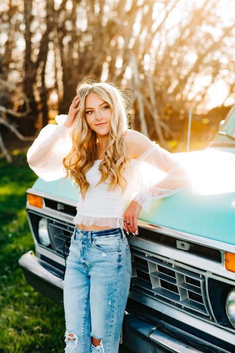 Senior Poses With Truck, Wheelbarrow Senior Pictures, Senior Photos With Old Truck, Senior Photo Ideas Country, Graduated Ideas, Senior Pictures With Truck, Truck Photoshoot Ideas, 16th Photoshoot, Truck Poses