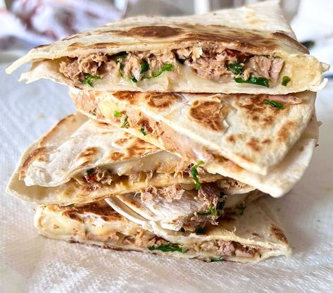 Tuna Melt Quesadillas Recipe - Thrift and Spice Tuna Quesadilla, Tuna Melt Sandwich, Tuna Macaroni Salad, How To Make Tuna, Tuna Tacos, Tuna Melt, Tuna Melts, Quesadilla Recipes, Spicy Tuna