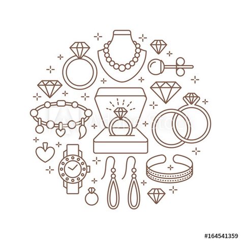 Download Jewelry shop, diamond accessories banner illustration. Vector line icon of jewels - gold watches, engagement rings, gem earrings, silver necklaces, charms, brilliants. Fashion store circle template. Stock Vector and explore similar vectors at Adobe Stock. Engagement Rings Gem, Jewelry Logo Ideas, Ideas Para Logos, Necklaces Charms, Jewelry Banner, Jewel Logo, Banner Illustration, Icon Jewelry, Jewelry Logo Design