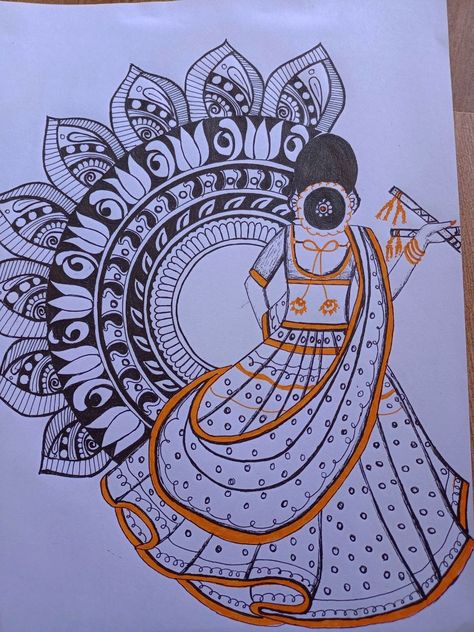 Indian Traditional Drawing Ideas, Drawing On Indian Festivals, Kathakali Mandala Art, Indian Traditional Drawing, Indian Festivals Drawing, Festival Drawing Indian, Indian Festival Painting, Madla Art, Traditional Drawing Indian