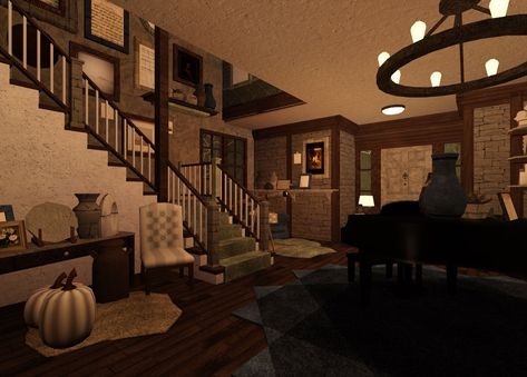 Dark Acedamia Bloxburg House Ideas, Bloxburg Cabin Interior, Bloxburg Dark Academia House, Grunge Bloxburg House, Bloxburg Cabin Layout, Bloxburg Victorian House Interior, Rustic Bloxburg House, Cozy Bloxburg House, Cabin Bloxburg