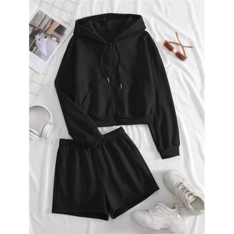 -Item Id 13457973.Html?Mallcode=1 -Color: Black -Style: Casual -Pattern Type: Plain -Details: Drawstring, Pocket, Zipper -Neckline: Hooded -Sleeve Length: Long Sleeve -Top Type: Sweatshirt -Bottom Type: Track Shorts -Length: Regular -Outerwear & Pants Material: Fabric -Outerwear & Pants Composition: 100% Polyester -Lined For Added Warmth: Yes -Temperature: Spring/Fall (18-25/63-77) -Sleeve Type: Drop Shoulder -Fit Type: Regular Fit -Fabric: Slight Stretch -Care Instructions: Machine Wash Or Prof Hoodie Shorts, Clothes Autumn, Shorts Y2k, Lined Hoodie, Y2k Clothes, Easy Trendy Outfits, Boutique Tops, Women's Shapewear, Elastic Waist Shorts