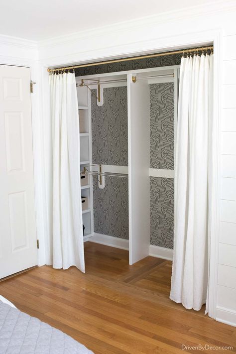 Curtain Rod Closet Door, Curtain Wardrobe Doors Closet, Wardrobe With Curtains Instead Of Doors, Ikea Curtain Hack Closet, Curtain Covered Wardrobe, Sheer Curtain Closet Doors, Curtain Doors, Curtain Over Closet, Ikea Wardrobe Curtain