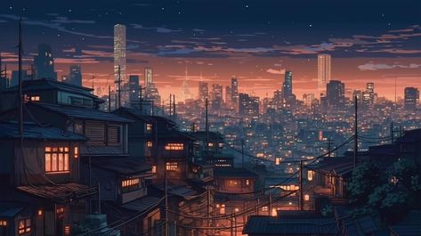 The landscape of the city at night time. Cityscape with houses and buildings and the beautiful night sky. Video game concept art with anime style. Free illustration image by AI generated. Anime City Background, Anime City Wallpaper, Background Night, Cityscape Wallpaper, 2k Wallpaper, Beautiful Night Sky, Night Wallpaper, Anime City, Free Illustration Images