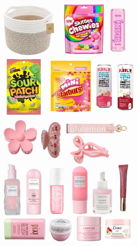 Pink Birthday Basket Pink Snack Basket, Pink Birthday Basket, Pink Gift Basket, Pink Snacks, Kids Routine Chart, Birthday Basket, Birthday Inspo, Cute Birthday Gift, 14th Birthday