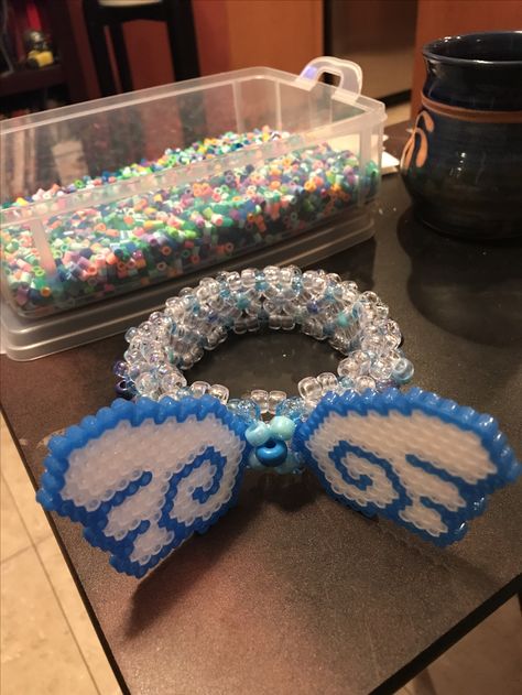 Kandi Perler Fairy, Kandi Cuff With Perler, 3d Cuff Kandi, Rave Kandi Perler, Kandi With Perler, Kandi Perler Ideas, Chibi Wings, Rave Perler Ideas, Edm Perler