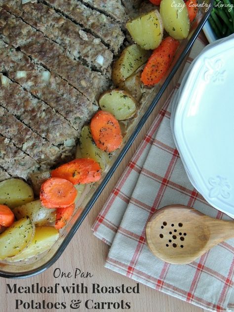 This One Pan Meatloaf with Roasted Potatoes & Carrots is a delicious, simple meal that can be on your  dinner table in an hour!  From CozyCountryLiving.com  #meatloaf #onepanmeals #dinner Meatloaf Potatoes And Carrots In Oven, Meatloaf And Potatoes In Oven, Meatloaf With Potatoes And Carrots, Bingo 2022, Meatloaf With Potatoes, Pan Meatloaf, Recipe With Carrots, Roasted Potatoes Carrots, Hamburger Meat Casseroles