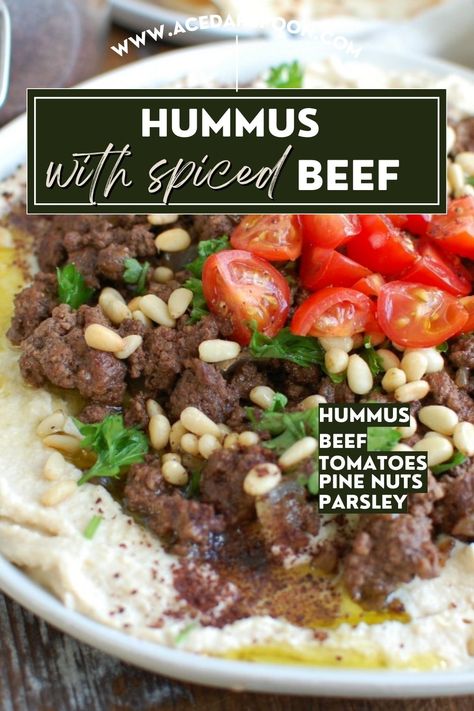 Tomato Side Dishes, Creamy Hummus, Spiced Beef, Meals Ideas, Bite Size Appetizers, Tasty Meat, Nutritious Recipes, Mediterranean Food, Toasted Pine Nuts