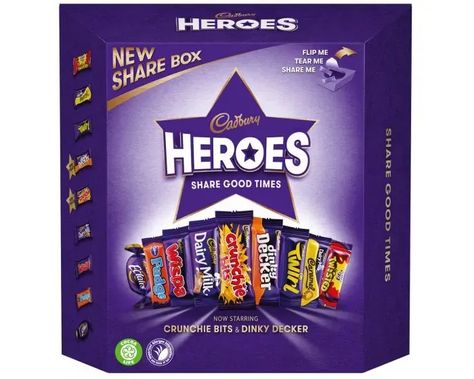 Cadbury Heroes Share Box (385g) | Christmas Chocolate Gifts | Cadbury Gifts Direct Cadbury Eclairs, Cadbury Bar, Snack Bin, Dairy Milk Caramel, Treats Gifts, Cadbury Crunchie, Bubble Face Mask, Snacks Chocolate, Bubble Face