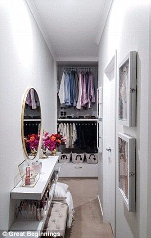 While she made a few mistakes along the way, Ms Federico said floating shelves (pictured l... Diy Makeup Station, Jewellery Organisation, Diy Walk In Closet, Small Walk In Closet, Walking Closet, Organisation Ideas, Makeup Station, Makeup Rooms, Closet Makeover