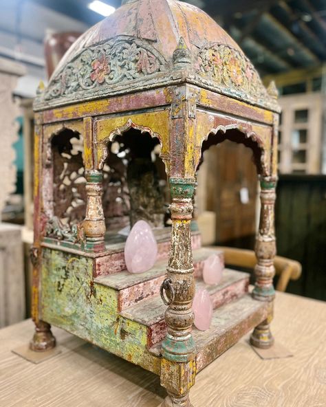 This was a very special find- an antique painted home temple or Mandir from India. These shrines are often found in Hindu households. Deities are placed inside and prayed to each day. This one has beautiful botanical carvings and traces of its original pink, yellow, blue & green paint. We hope this beautiful temple finds a home where the history & culture are honored. Blue Green Paints, Home Temple, Antique Paint, Green Paint, Temple, Blue Green, India, Carving, History