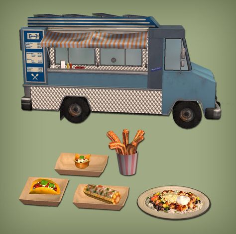 This is a functional food stand for your sims. They can buy tacos, taco cups, burrito bowls, churros and elotes. Churros are available also from the Fridge in the Snack Section (for children too).
Truck mesh is from Sims 3 Late Night, Tacos are from ONI, Churros are from Aroundthesims, Elotes are from Sims 4. Sims Decoration, Fast Food Restaurant Design, Sims2 Cc, Sims 2 House, Taco Cups, Picnic Box, Food Stand, Ts2 Cc, Food Park