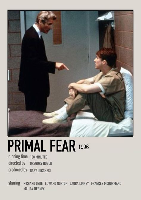 minimalist polaroid movie poster made by me for primal fear Primal Fear Poster, Aaron Stampler Primal Fear, Primal Fear Movie, Edward Norton Primal Fear, Fear Movie, Film 1990, Polaroid Movie Poster, Primal Fear, Movie Collage