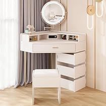 Corner Vanity Table, Corner Dresser, Big Bedroom, Living Room Vanity, Lights Makeup, White Makeup Vanity, Dressing Table With Drawers, Corner Vanity, Bedroom Makeup Vanity