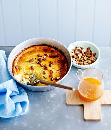 Baked ricotta with honey, orange and almonds | Gourmet Traveller Ricotta With Honey, Baked Ricotta, Almond Recipes, Trifle, Pavlova, A Bowl, Just Desserts, Cake Desserts, Ricotta