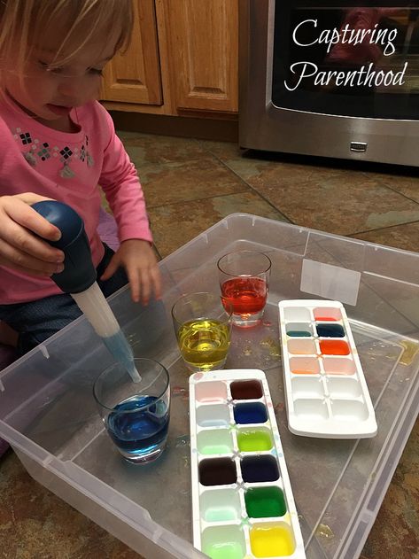 Color Mixing Ideas For Preschool, Montessori Water Pouring Activities, Mixing Activities Preschool, Color Provocations, Water Transfer Activity, Color Mixing Preschool, Flisat Activities, Simple Activities, Preschool Planning