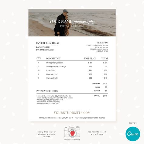 Download 

Simplify your photography billing with our Photographer Invoice Template featuring a photo heading. This customizable template allows you to easily adjust details to suit your needs, making your invoicing process more efficient and organized.

Choose from options to include one, two, or three pictures at the top, adding a professional touch to your invoices.

This modern Photography Invoice Template, Photography Invoice, Photography Marketing Templates, Invoice Design, Multi Photo, Business Help, Modern Photography, You Better Work, More Organized