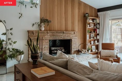 A $700 Fireplace Makeover Restores Mid-Century Wood Paneling | Apartment Therapy Mid Century Modern Fireplace Makeover, Mid Century Wood Paneling, Mid Century Modern Fireplace, Mid Century Modern Living Room, Modern Fireplace, Fireplace Makeover, Residential Interior Design, Blue Living Room, Living Room With Fireplace