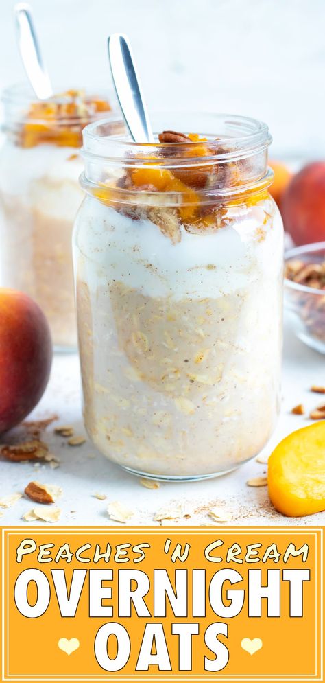 Wake up to a jar full of these Peach Cobbler Overnight Oats that are loaded with fresh peaches, cinnamon spice, honey, and vanilla yogurt.  This easy oatmeal recipe is gluten-free and vegetarian and can easily be made vegan.  You can meal prep it ahead of time for a quick grab-and-go breakfast or a healthy after school snack or dessert. #peach #overnightoats #oatmeal #breakfast #mealprep What To Do With Extra Peaches, Peach Overnight Oats Recipe, Jar Peaches Recipes, Peaches Overnight Oats, Recipes With Canned Peaches, Peach Cobbler Overnight Oats, Peach Oats, Vermont Recipes, Breakfast Jars