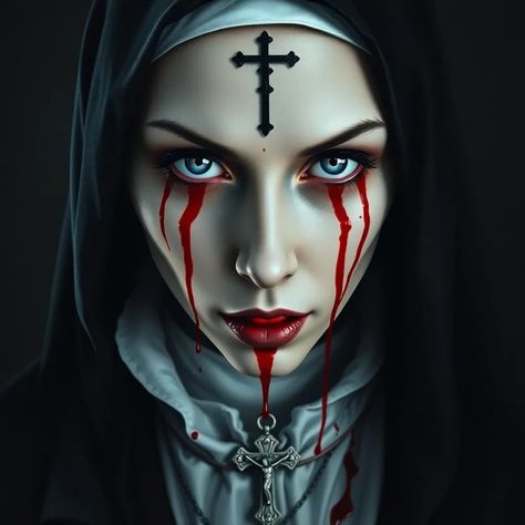 #horror #darkart #creepy #nun #cross #blood #scary #gothic #art #digitalart #fantasy #surreal #surrealism #dark #evil #demon #monster #creature #illustration #artwork #painting #artist #design #conceptart #followme #like4like #beautiful #love #ai_art_d91 Vampire Nun, Demon Nun, Surrealism Dark, Creature Illustration, Demon Monster, Monster Creature, Dark Evil, Painting Artist, Dark Gothic