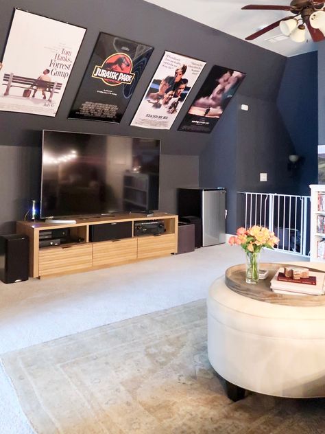 Bonus Media Room, Bonus Room Remodel, Upstairs Movie Room Ideas, Bonus Room Ideas Bedroom, Entertainment Room Color Ideas, Playroom/media Room, Bonus Room Above Garage Movie Room, Bonus Room Media Room Ideas, Upstairs Landing Game Room Ideas