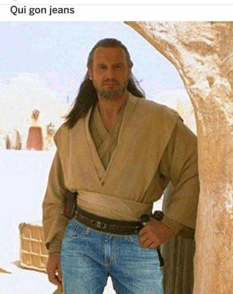 Qui Gon Jeans Qui Gon, General Kenobi, Prequel Memes, Star Wars Cast, Poster Funny, Star Wars Jokes, Cuadros Star Wars, Liam Neeson, Star Wars Images