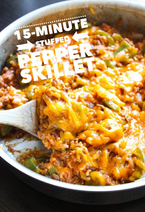 8-Ingredient Stuffed Pepper Skillet - Layers of Happiness Lazy Stuffed Peppers, Stuffed Pepper Skillet, Pepper Skillet, Iron Skillet Recipes, Stuffed Pepper, Cast Iron Skillet Recipes, Skillet Dinners, Cast Iron Recipes, Green Peppers